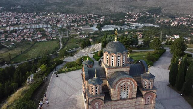 Drone video of church Hercegovacka Gracanica in town Trebinje