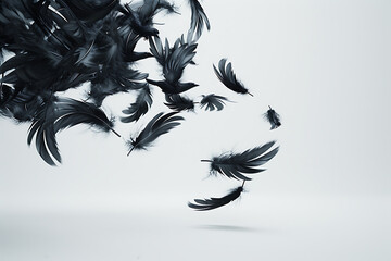black feathers falling through the air in the style o - obrazy, fototapety, plakaty