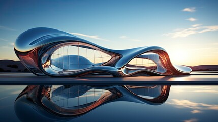 Modern building with wavy futuristic design, low angle view of abstract curve lines and sky. Geometric facade with glass and steel