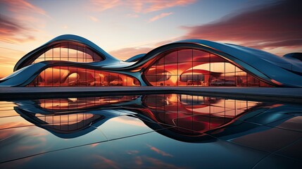 Obraz premium Modern building with wavy futuristic design, low angle view of abstract curve lines and sky. Geometric facade with glass and steel