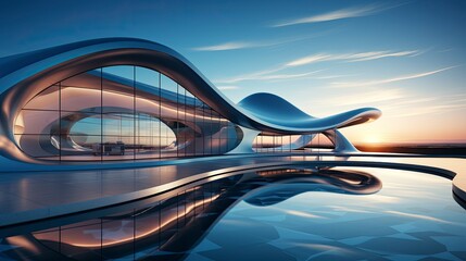 Modern building with wavy futuristic design, low angle view of abstract curve lines and sky. Geometric facade with glass and steel - obrazy, fototapety, plakaty