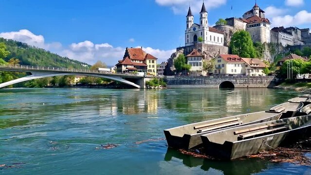 Switzerland Aarburg Handheld Cinematic Video Scenic View of Old Town and Castle on Rock Above River Aare with Wooden Rowboats and Water Flow Traditional Swiss Travel