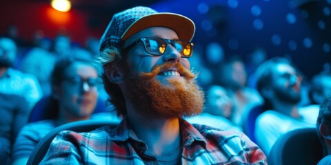An Ecstatic Hipster Immerses In Laughter At A 3D Movie Theater Comedy. Concept Hipster Fashion Trends, Laughter Therapy, 3D Movie Experience, Comedy Genre, Immersive Entertainment