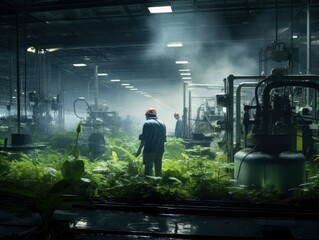 Fototapeta premium Natural portrayals of people in working environments, such as in factories or the field, interacting with green technologies