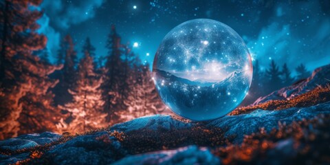 A Magical Sphere Holds Dreams Of A Fantastical Fairytale World At Night. Concept Nighttime Adventure, Mystical Dreams, Enchanting Fairytale, Magical Sphere, Fantasy World