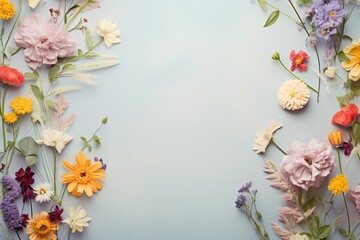 High-resolution capture of assorted wildflowers on a pastel surface, designed for seamless text incorporation.