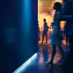 Ambient blue light illuminating a textured wall with a minimalist sign, contrasting the lively silhouettes of people in a social setting