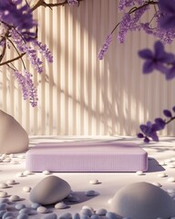 Lavender-hued podium set against a soft white and purple backdrop, infused with a tranquil, nature-inspired aesthetic for showcasing products