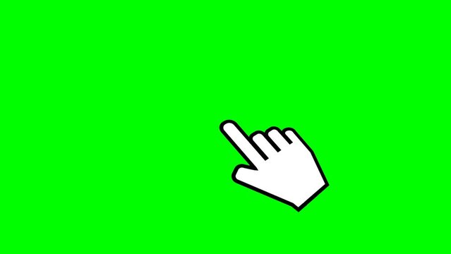 Animation of a hand-shaped mouse cursor with click and double click generating circles on green background, transparent background with alpha channel