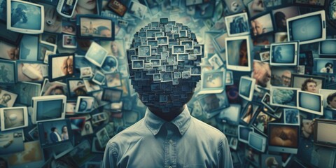 A Persons Mind Is Overflowing With Data, Media, News, And Social Media Addiction. Concept Mental Overload, Information Overload, Media Addiction, Social Media Obsession, Mindful Disconnect - obrazy, fototapety, plakaty