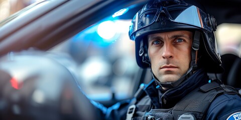 A Police Officer Ready For Duty, Standing By In A Patrol Car Wearing Protective Gear. Concept Police Officer, Ready For Duty, Patrol Car, Protective Gear, Law Enforcement