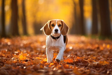 Happy Beagle: A Cute Brown Dog Sitting in a Sunny Autumn Park