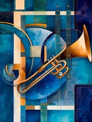 This is a vibrant and colorful piece of abstract art that features a realistic depiction of a trombone in the center, surrounded by an array of geometric shapes, predominantly rectangles and squares, 