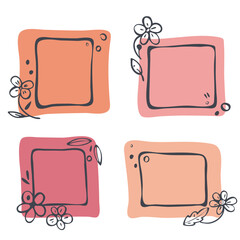 Floral frames, border Set. Hand drawn doodle style, paint brush line strokes and fills, pink colourful palette. Square geometric shapes. Empty frame, text space background. Vector