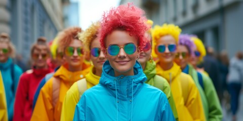 A Vibrant Bunch Of Friends Sport Colorful Hair, Jackets, Sunglasses, Against Cityscape. Concept Colorful Friends, Cityscape Photoshoot, Vibrant Hair, Stylish Jackets, Trendy Sunglasses