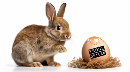 Frohe Ostern Konzept Feiertag Grußkarte mit deutschem Text - Süßer kleiner Osterhase, Kaninchen...