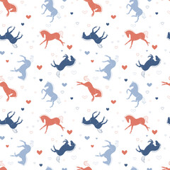 Random seamless pattern, cute cartoon horses with hearts