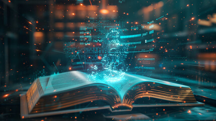Digital book opening, with AI code and interactive elements