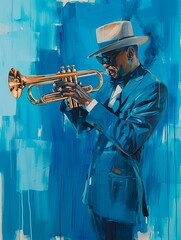 The painting depicts a sharply dressed man in a suit and a fedora hat, standing against a vibrant blue background, deeply engaged in playing a golden trumpet. The artist captures the elegance of the p