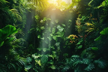 A photo of a dense forest with vibrant green foliage, illuminated by sunlight filtering through the leaves.