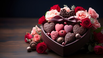 Obraz na płótnie Canvas Luxurious Valentine's chocolates in a gentle heart-shaped gift box and flowers with copy space. Can be used to make greeting cards social media post Website or blog, marketing materials, scrapbooks.