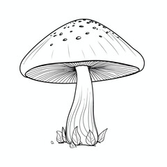 Black and white vector illustration of a single mushroom isolated on a white background for printing. Mushroom coloring book.