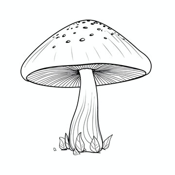 Black and white vector illustration of a single mushroom isolated on a white background for printing. Mushroom coloring book.
