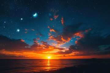 A stunning view of the sun setting over the calm ocean, with a backdrop of sparkling stars in the night sky.