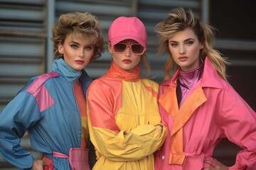 Three women wearing brightly colored raincoats pose for a photo in a playful manner.