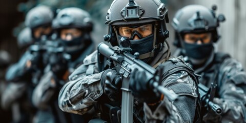 An Elite Team Of Swat Officers Equipped With Masks, Rifles, And Flashlights, Secure A Seized Office Building. Concept Elite Swat Operation, Seized Office Building, Tactical Gear, Flashlights, Rifles