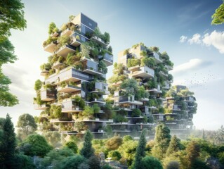 Obraz premium New energy-efficient buildings, green public spaces, or vertical forests that people interact with regularly