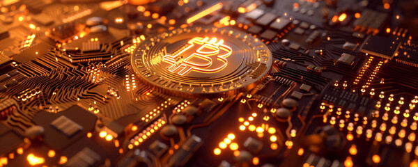 virtual digital economy and cryptocurrency, circuit board technology background with bitcoin symbol