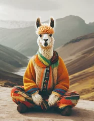 Schilderijen op glas Calm looking alpaca or llama wearing simple clothes, sitting on ground in lotus like position © Marko