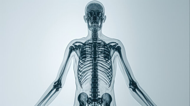 X-ray of person. Human anatomy. Man body scan. Medical Exploration through Radiographic Imaging front view. Health care. Xray photo. People skeleton hologram. Skull, bones diagnostic. White background
