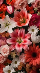 Bright assortment of exotic flowers. Orchids, roses, dahlias, lilies in a colorful flower arrangement