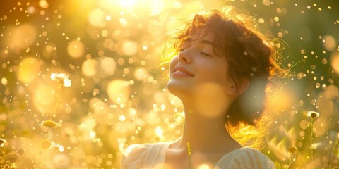Blissful Woman Embracing Natures Serenity, Basking In Sunny Meadow For Rejuvenation. Concept Nature's Healing Power, Sun-Kissed Escape, Blissful Meadow Moments, Reconnecting With The Earth