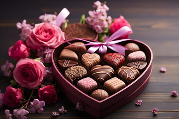Luxurious Valentine's chocolates in a gentle heart-shaped gift box and flowers with copy space. Can be used to make greeting cards social media post Website or blog, marketing materials, scrapbooks.