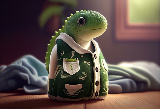 Cute Green and White Baby Dinosaur Vest with Adorable Cell Phone Design in 8K 3D Resolution. Generative AI