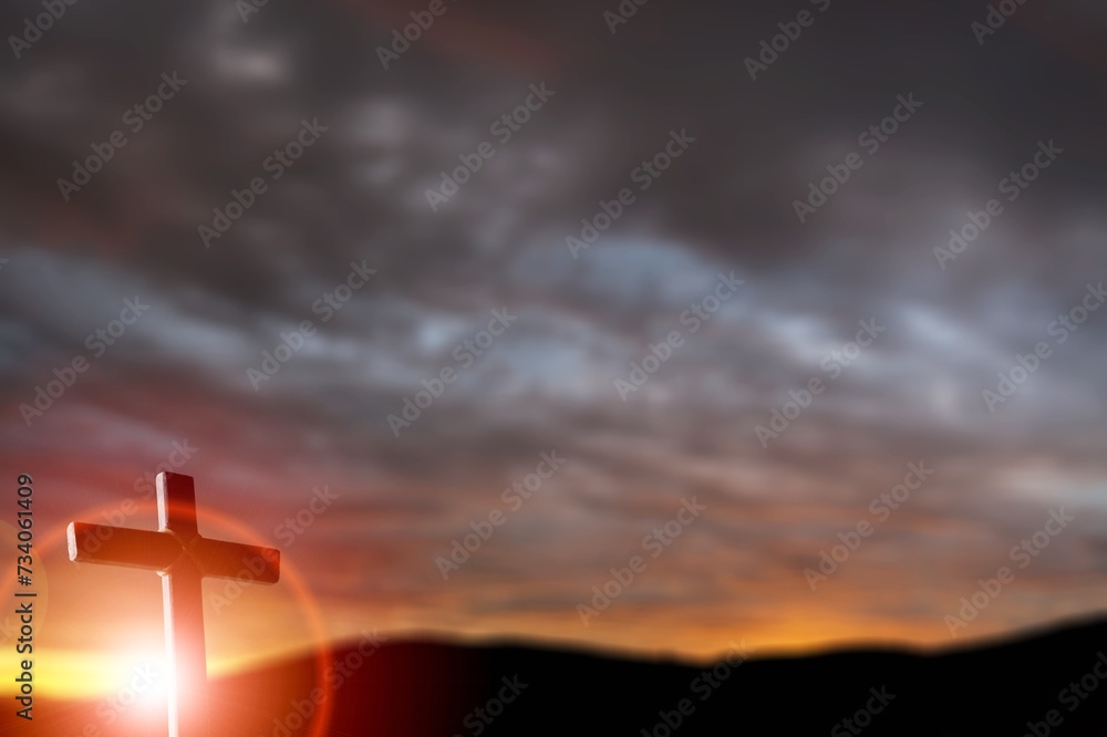 Wall mural holy wooden cross on sunset background - Wall murals