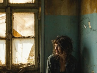 Pensive Woman in Abandoned House, Sunlight Casting Shadows Over a Forgotten Space. Artistic Solitude and the Beauty of Decay in a Derelict Setting