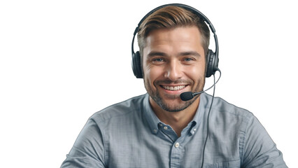 Smiling man while wearing the headphones ,Customer service professional in a call center ,portrayed in a PNG image Ideal for technical support, contact us, and consultant agent visuals, isolated	
 - obrazy, fototapety, plakaty