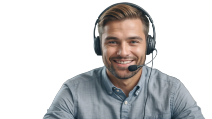 Smiling man while wearing the headphones ,Customer service professional in a call center ,portrayed in a PNG image Ideal for technical support, contact us, and consultant agent visuals, isolated	

