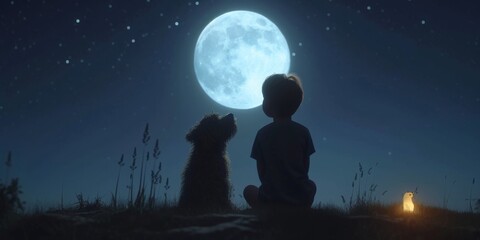 Child And Dog Gaze At Moonlit Sky Atop Hill, In Animated Loop. Concept Stargazing Adventures, Childhood Memories, Bond Between Child And Dog, Moonlit Hilltop, Animated Loop