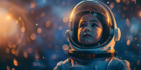 Child Artist Dressed As An Astronaut With Dreams Set On The Stars. Concept Fairy Tale Fantasy, Magical Forest, Adventure Awaits, Enchanting Wonderland, Whimsical Dreams - obrazy, fototapety, plakaty