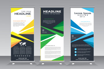 Roll up banner template, vertical template design, standees, x-banner and pull up, advertising.  Yellow, green and blue roll up banner set, vector illustration	