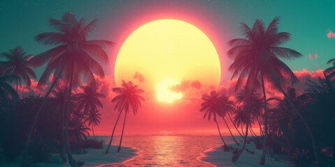 Fototapeta na wymiar Colorful Retro Scene At A Tropical Sunset With Palm Tree Silhouettes. Concept Beach Picnic With Friends, Hiking Adventure, Urban Street Art, Nature Macro Photography