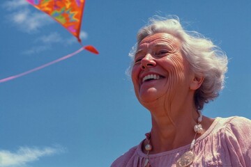 Radiant senior woman with grey hair joyfully flying a kite against a blue sky, capturing the essence of youthful spirit in later years