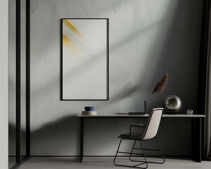 Minimalist workspace with soft light casting shadows on the wall, featuring a framed yellow artwork