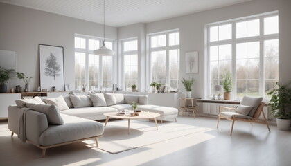 A modern living room with upholstered sofas and stunning views from the panoramic windows. Soft lighting.