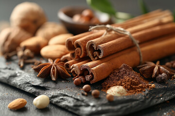 Star anise, cinnamon sticks and various nuts lyin.